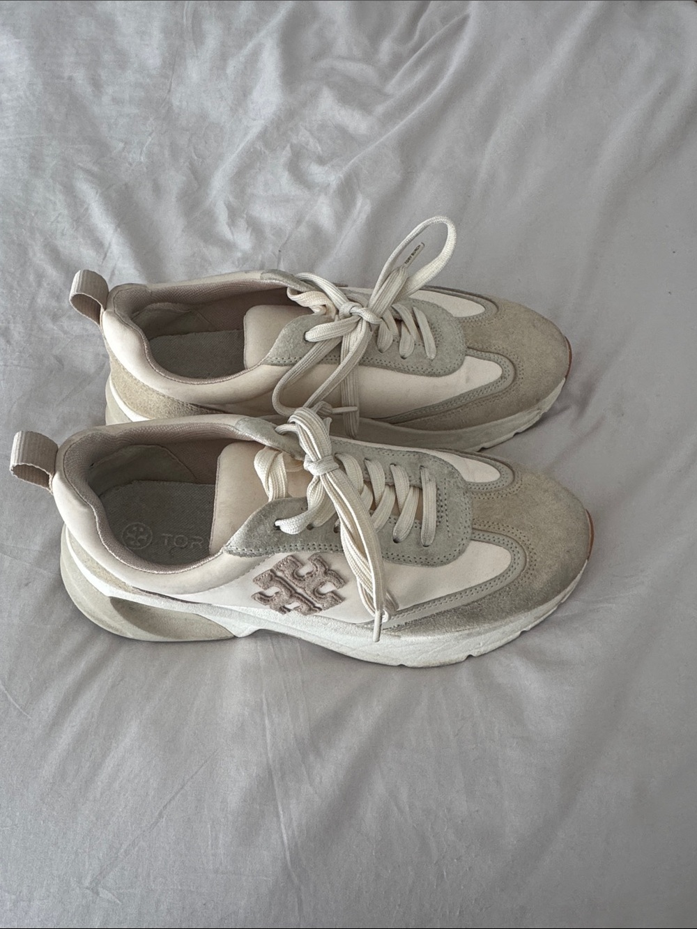 Tory Burch Neutral Suede & Leather Chunky Sneakers in Beige and Off-White